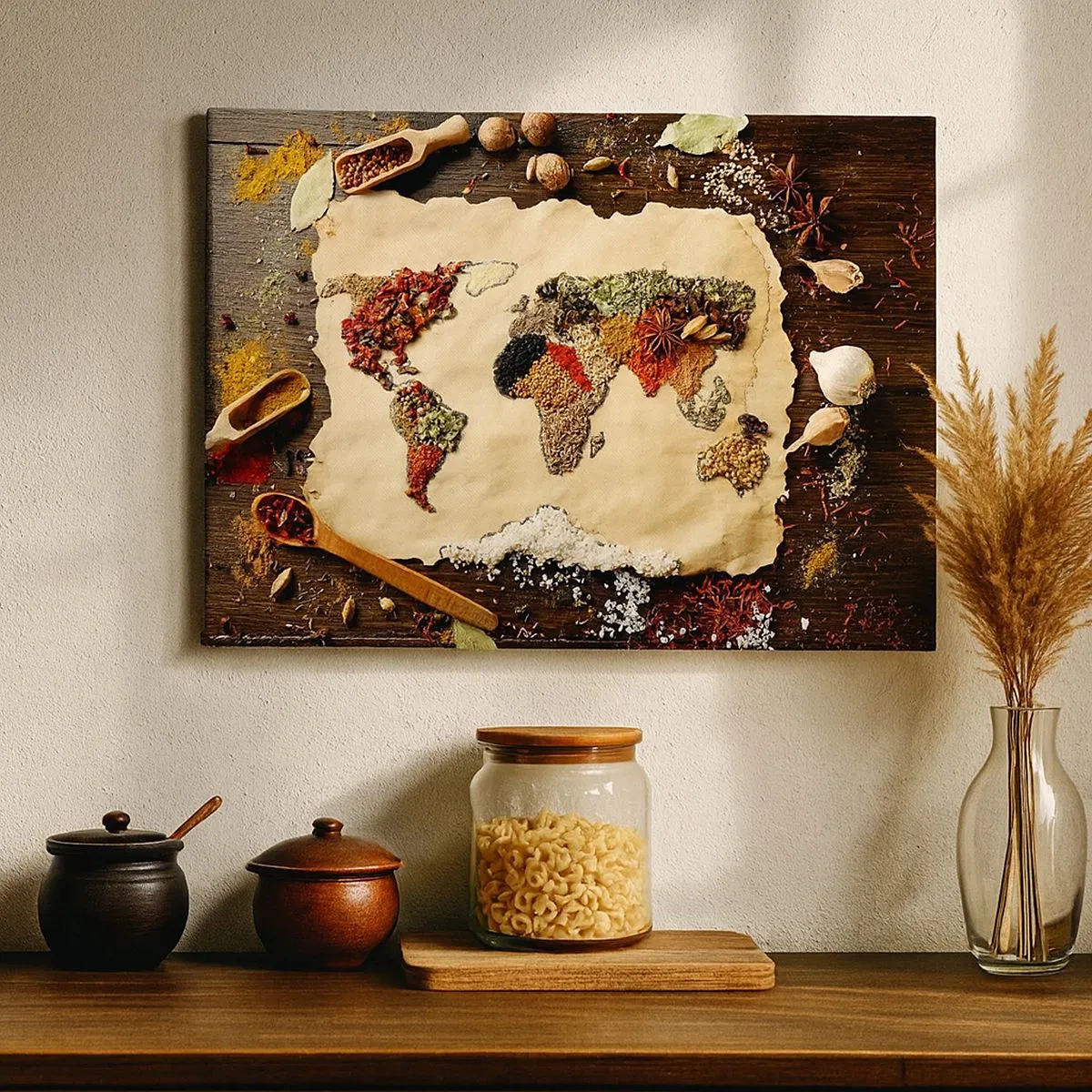 Impression sur toile - Image sur toile - Une carte du monde faite d'épices sur un fond en bois. - 70x50cm - Toutes les saveurs du monde - Décoration murale moderne pour le salon et la chambre ARTTOR