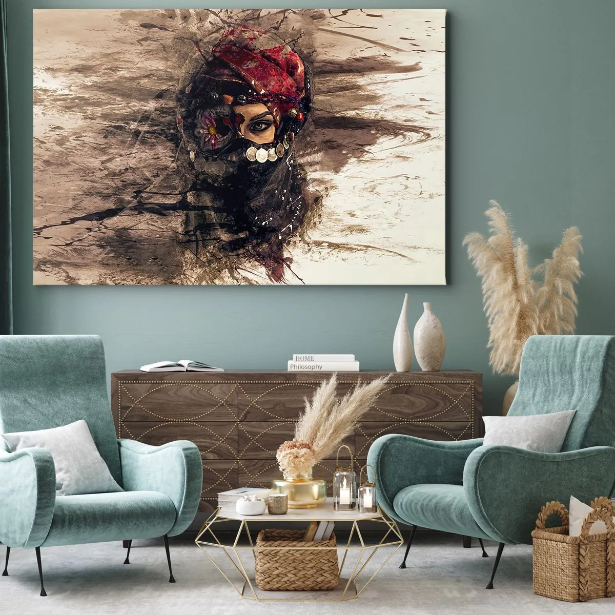 Impression sur toile - Image sur toile - Portrait artistique d'une femme en tenue orientale sur fond abstrait. - 100x70cm - Inquiétant, c'est le moins qu'on puisse dire - Décoration murale moderne pour le salon et la chambre ARTTOR