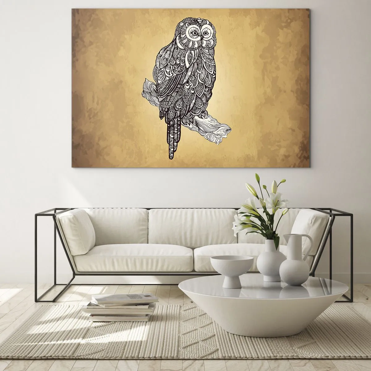 Impression sur verre - Image sur verre - Chouette de style ornemental sur fond sépia - 100x70cm - Ornements complexes de sagesse - Décoration murale moderne pour le salon et la chambre ARTTOR