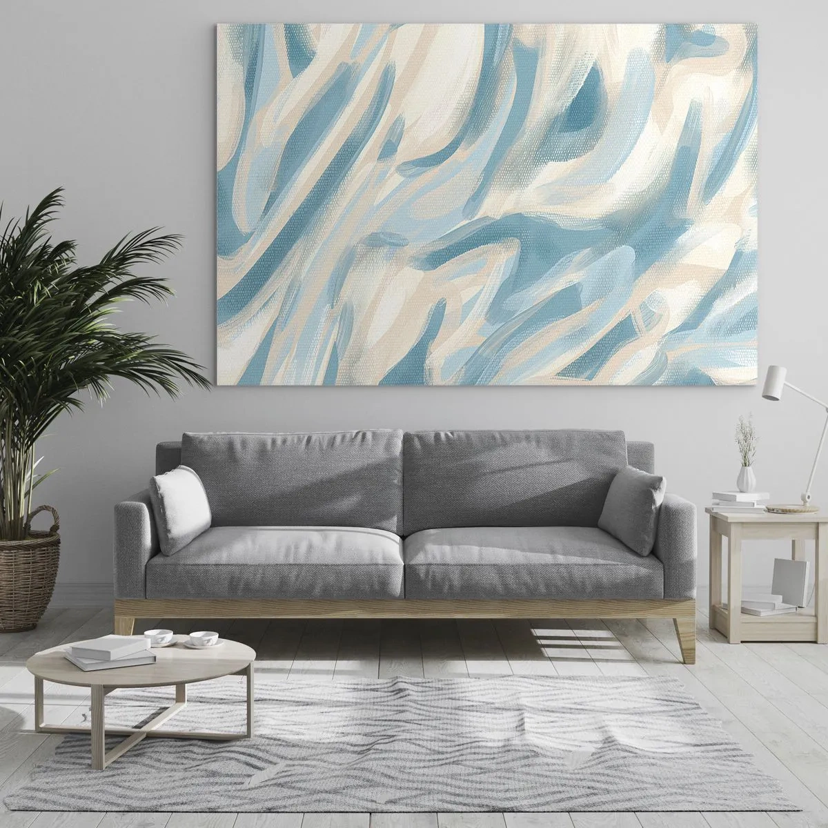 Impression sur verre - Image sur verre - Coups de pinceau abstraits aux couleurs bleues et crème. - 70x50cm - Brise printanière - Décoration murale moderne pour le salon et la chambre ARTTOR