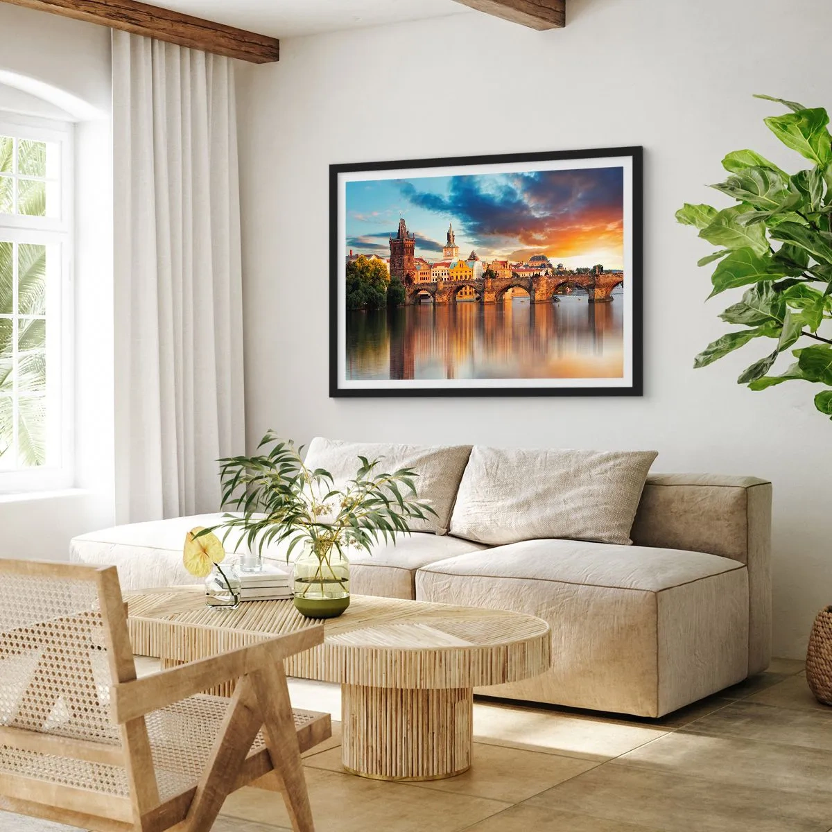 Affiche dans un cadre noir - Poster - Le pont historique sur la rivière à la lumière du soleil couchant - 100x70cm - Belle depuis des lustres - Décoration murale moderne pour le salon et la chambre ARTTOR