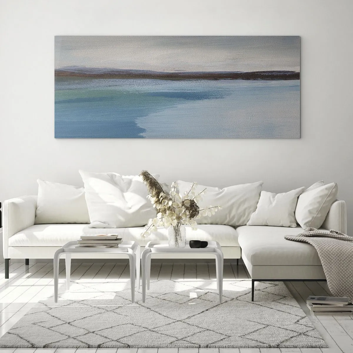 Impression sur verre - Image sur verre - Un paysage minimaliste avec une ligne de flottaison et un horizon - 140x50cm - Paysage horizontal - Décoration murale moderne pour le salon et la chambre ARTTOR