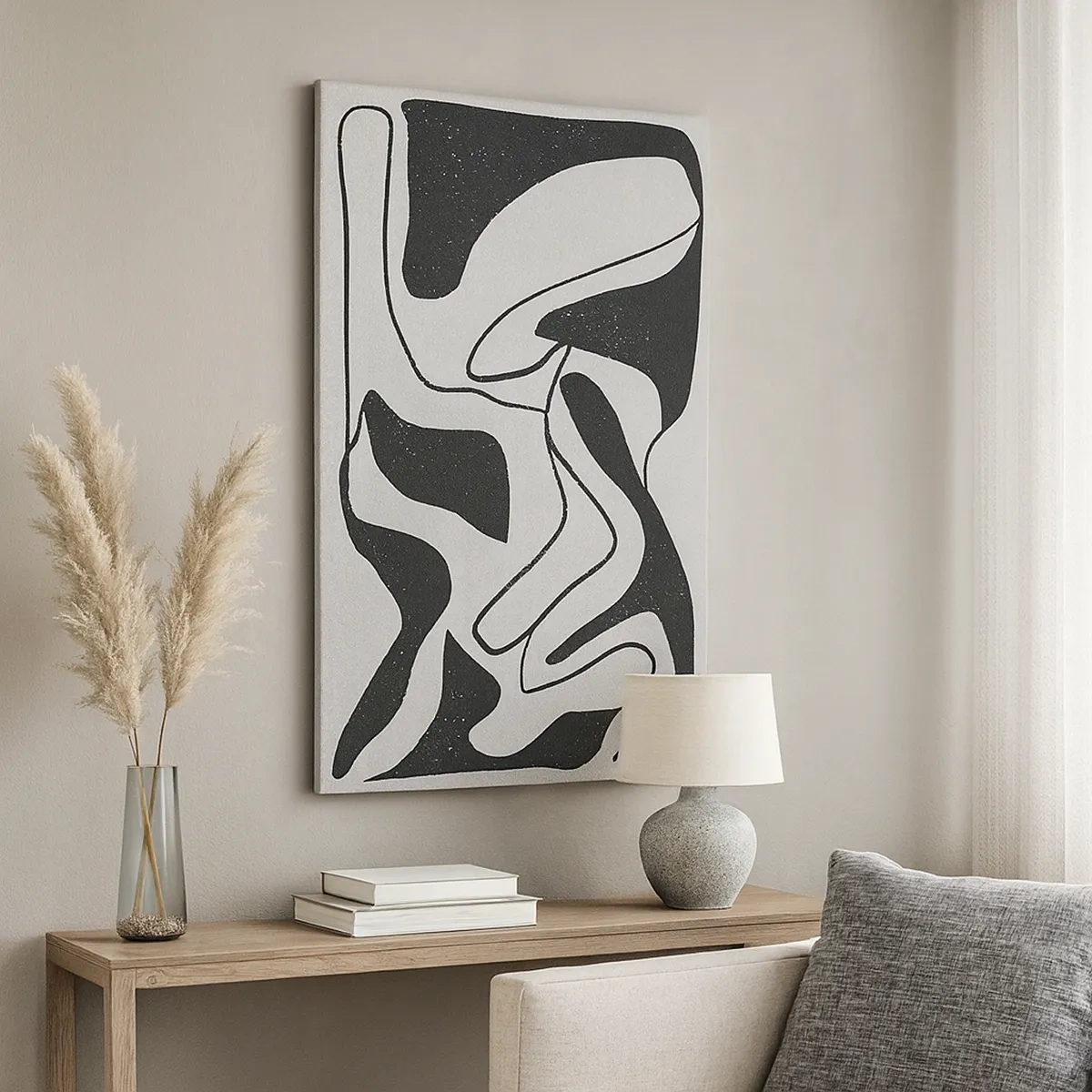 Impression sur toile - Image sur toile - Abstraction en noir et blanc avec des formes organiques - 50x70cm - Amusement de labyrinthe abstrait - Décoration murale moderne pour le salon et la chambre ARTTOR