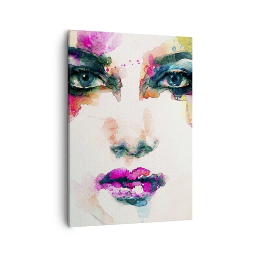 Impression sur toile - Image sur toile - Portrait abstrait d'une femme aux couleurs intenses - 50x70cm - Un portrait peint avec un arc-en-ciel - Décoration murale moderne pour le salon et la chambre ARTTOR