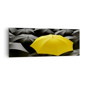 Impression sur toile - Image sur toile - Un parapluie jaune parmi des parapluies noirs - 140x50cm - Adieu chagrin - Décoration murale moderne pour le salon et la chambre ARTTOR