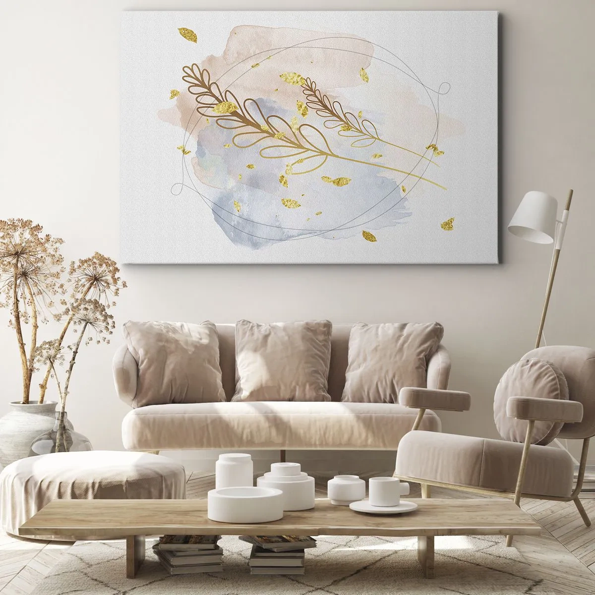 Impression sur toile - Image sur toile - Un délicat motif de feuille dorée sur un fond pastel avec des détails aquarelles. - 70x50cm - Explosion d'or - Décoration murale moderne pour le salon et la chambre ARTTOR