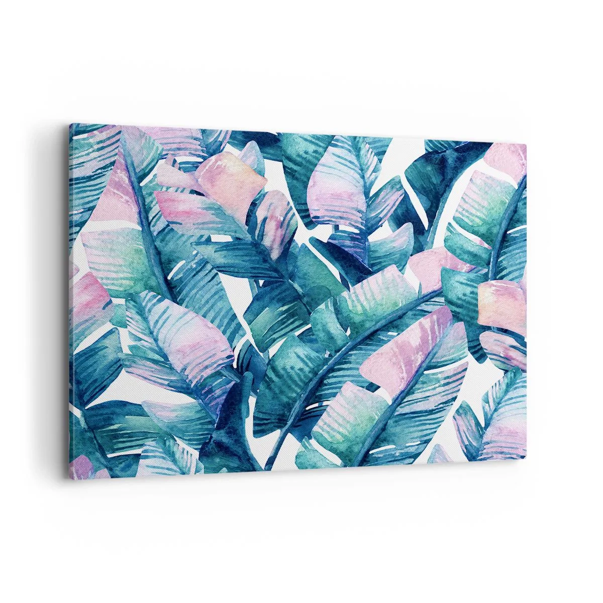 Impression sur toile - Image sur toile - Feuilles de bananier dans les tons bleu et rose - 120x80cm - Dans une bananeraie - Décoration murale moderne pour le salon et la chambre ARTTOR