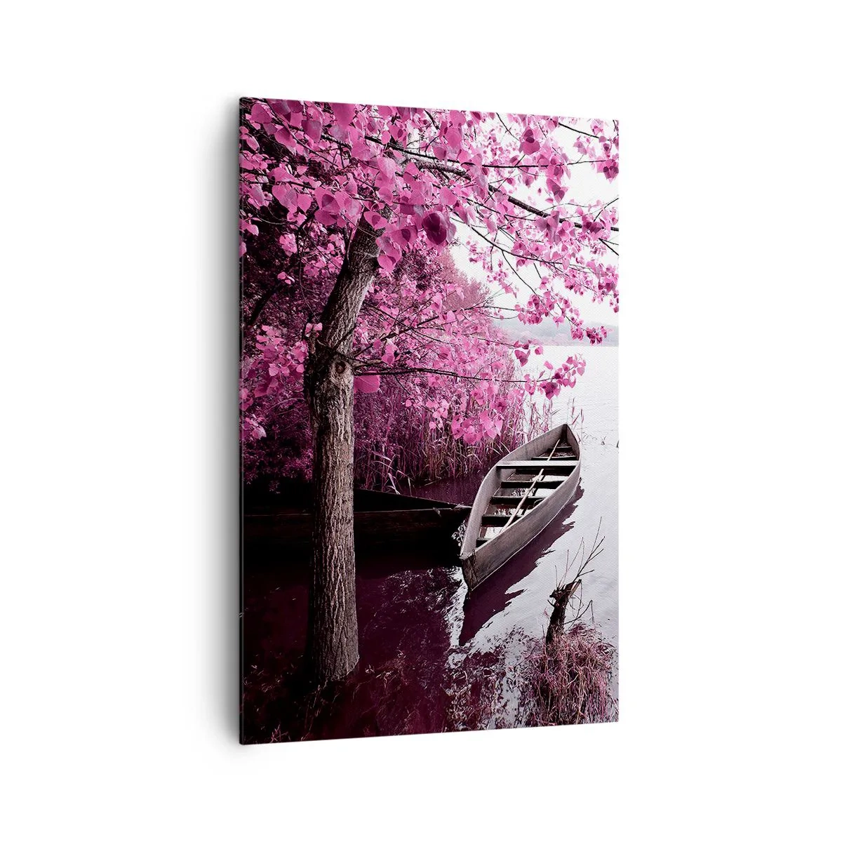 Impression sur toile - Image sur toile - Un bateau au bord d'un lac parmi des arbres roses - 80x120cm - Dans un silence rose - Décoration murale moderne pour le salon et la chambre ARTTOR