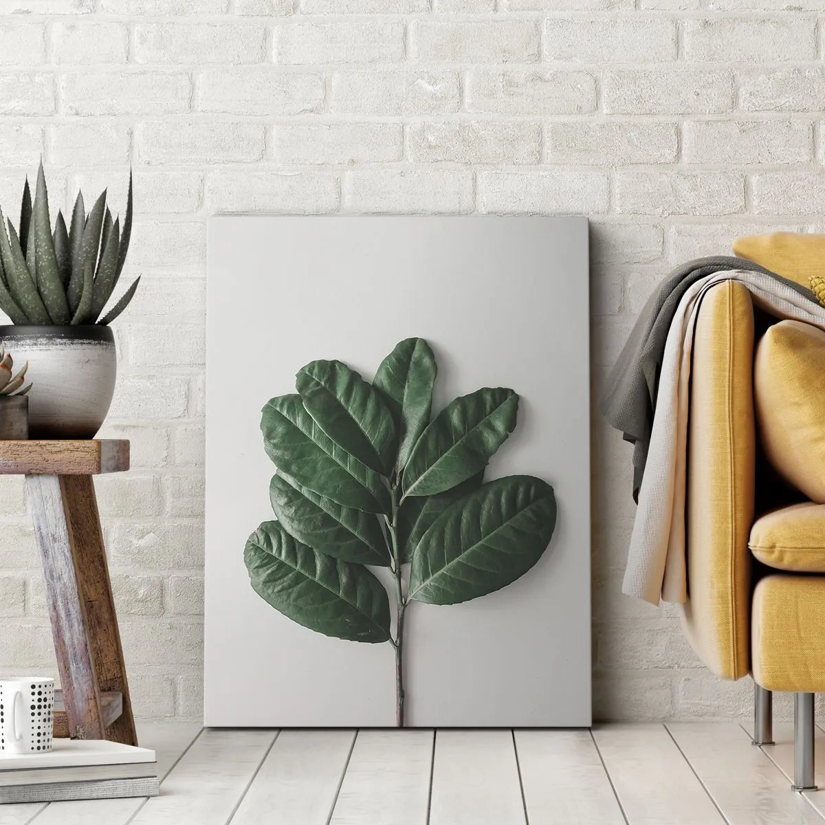 Impression sur toile - Image sur toile - Un brin de feuilles vertes sur un fond clair - 80x120cm - Dessin de la nature elle-même - Décoration murale moderne pour le salon et la chambre ARTTOR