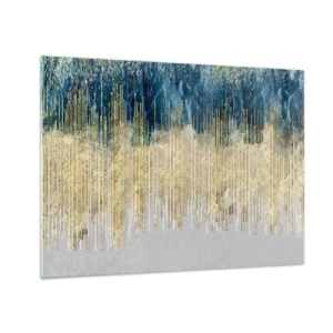Impression sur verre - Image sur verre - Lignes verticales dorées sur fond de forêt bleu foncé - 70x50cm - Bordure dorée - Décoration murale moderne pour le salon et la chambre ARTTOR