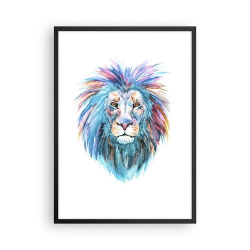 Affiche dans un cadre noir - Poster - Un lion à l'aquarelle colorée sur fond blanc - 50x70cm - Aura électrique - Décoration murale moderne pour le salon et la chambre ARTTOR