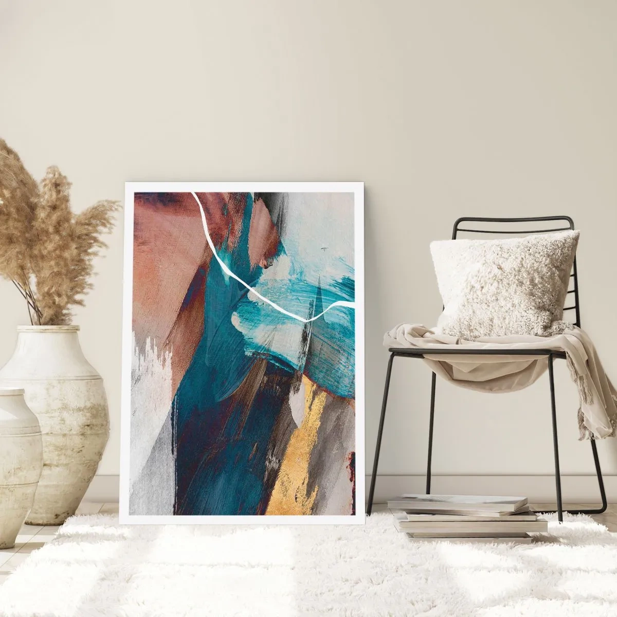 Affiche - Poster - Abstraction expressive dans les tons de bleu et d'or - 50x70cm - Avec panache et énergie - Décoration murale moderne pour le salon et la chambre ARTTOR