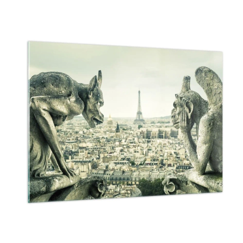 Impression sur verre - Image sur verre - Gargouilles sur Paris avec vue sur la Tour Eiffel - 100x70cm - Bavardage parisien - Décoration murale moderne pour le salon et la chambre ARTTOR