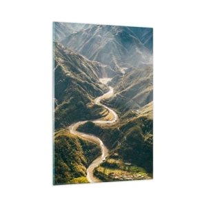Impression sur verre - Image sur verre - Un paysage de montagne avec une route sinueuse parmi des collines verdoyantes - 80x120cm - Directement du coeur des montagnes - Décoration murale moderne pour le salon et la chambre ARTTOR