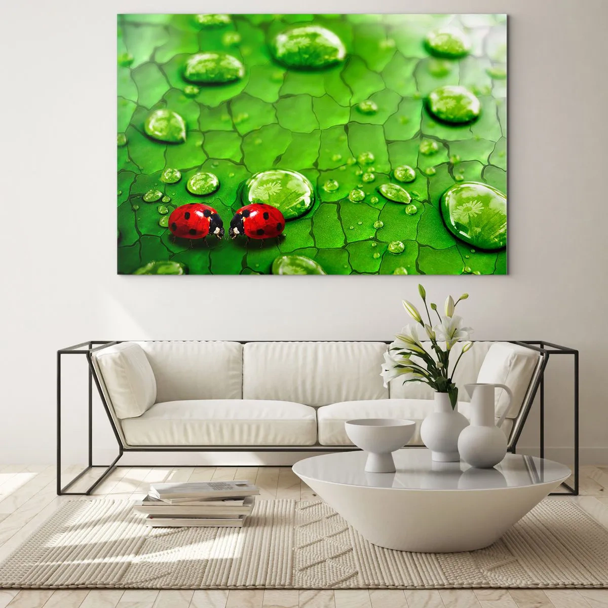 Impression sur verre - Image sur verre - Deux coccinelles sur une feuille verte avec des gouttes d'eau - 120x80cm - Rendez-vous au vert - Décoration murale moderne pour le salon et la chambre ARTTOR