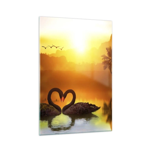Impression sur verre - Image sur verre - Deux cygnes noirs formant un cœur sur fond de coucher de soleil sur un lac - 70x100cm - Tout va ensemble - Décoration murale moderne pour le salon et la chambre ARTTOR