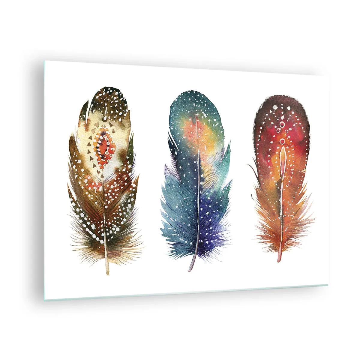 Impression sur verre - Image sur verre - Trois plumes colorées aux motifs ethniques - 70x50cm - Rituels, cérémonies, secrets - Décoration murale moderne pour le salon et la chambre ARTTOR