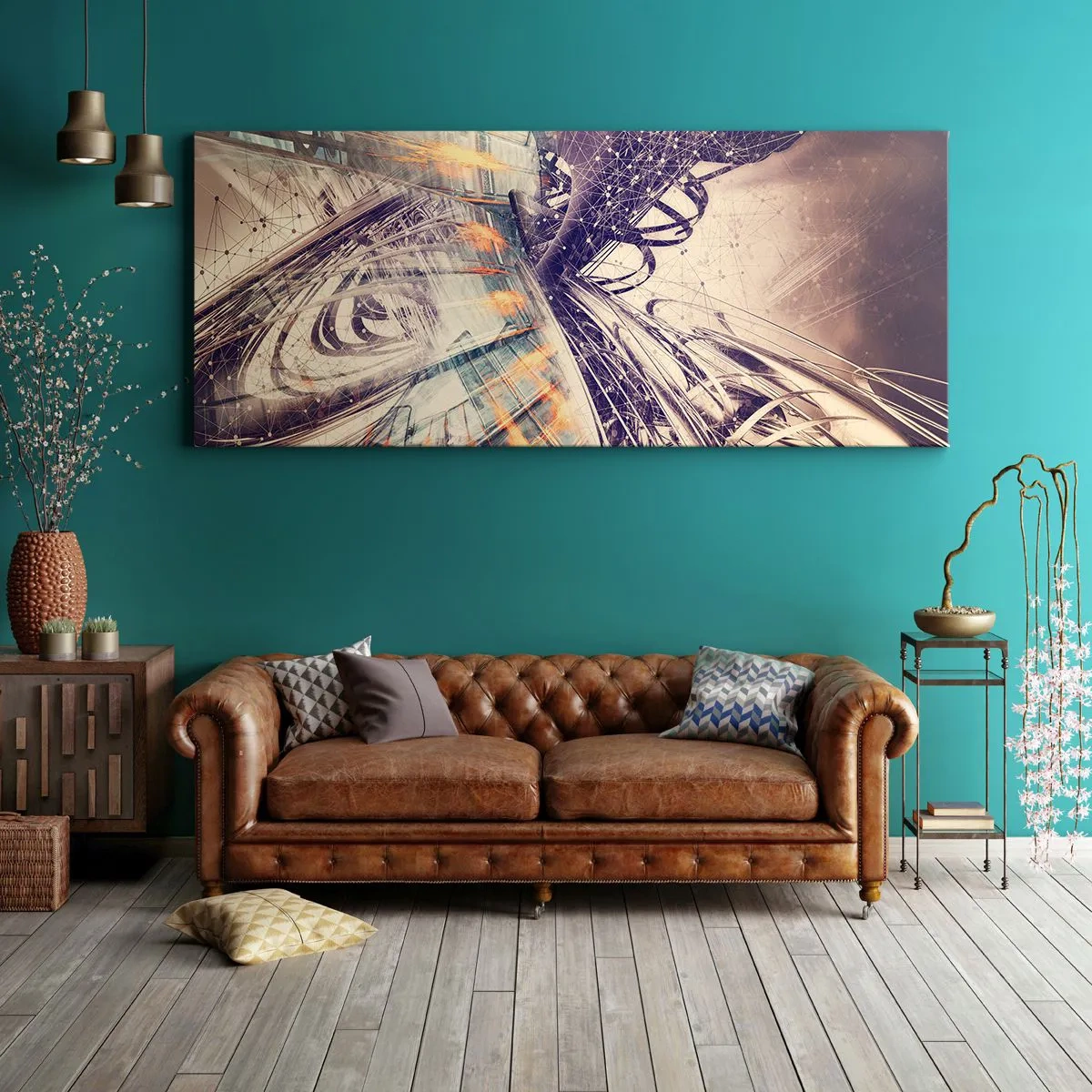 Impression sur toile - Image sur toile - Abstraction dynamique dans les tons beige et violet - 160x50cm - En grande hâte - Décoration murale moderne pour le salon et la chambre ARTTOR