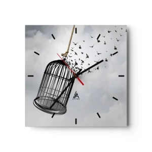 Horloge murale - Pendule murale - Des oiseaux s'envolent d'une cage dans le ciel - 30x30cm - Foie...Espoir...Liberté! - Décoration murale moderne pour le salon et la chambre ARTTOR