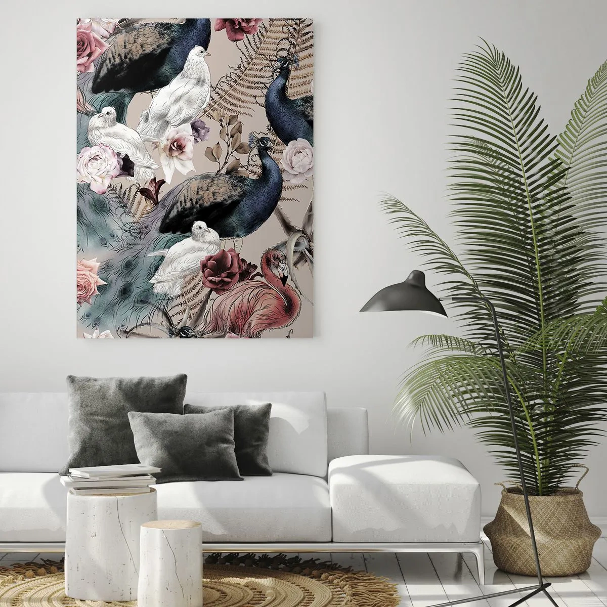 Impression sur verre - Image sur verre - Un paysage avec des plumes de paon, des roses et des oiseaux dans un style romantique. - 70x100cm - Dans un jardin de palace - Décoration murale moderne pour le salon et la chambre ARTTOR