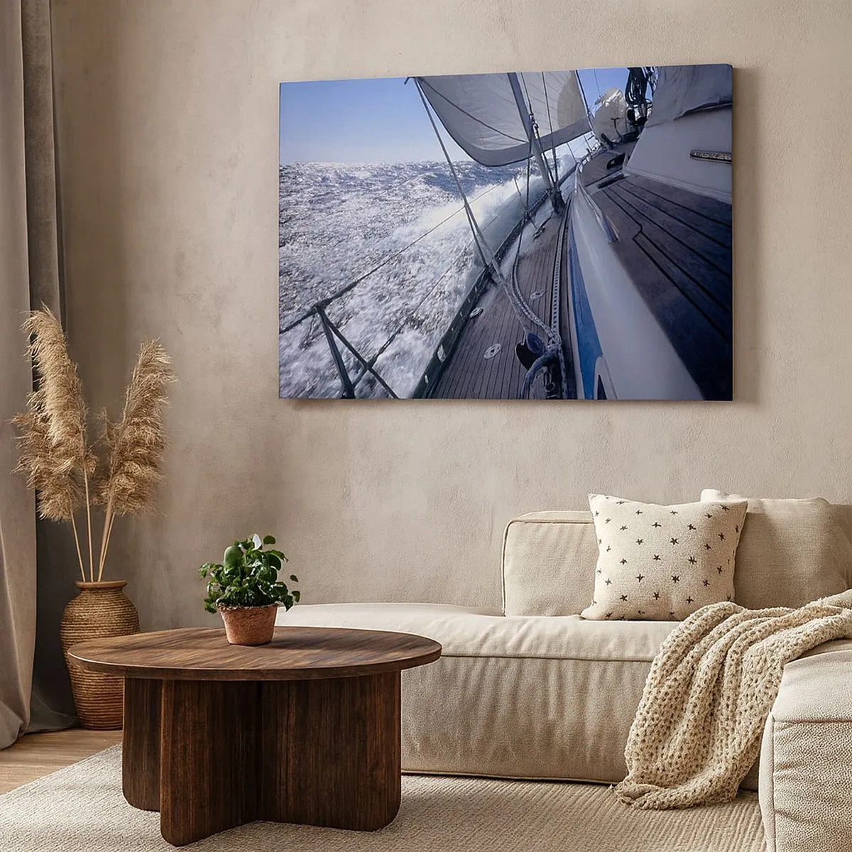 Impression sur toile - Image sur toile - Un voilier dans une mer agitée avec des voiles blanches et un pont en bois. - 70x50cm - Je sais ce que c'est d'être un oiseau - Décoration murale moderne pour le salon et la chambre ARTTOR