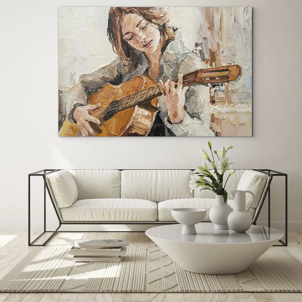 Impression sur verre - Image sur verre - Une fille jouant de la guitare dans un style impressionniste - 70x50cm - Concerto pour guitare et coeur de fille - Décoration murale moderne pour le salon et la chambre ARTTOR