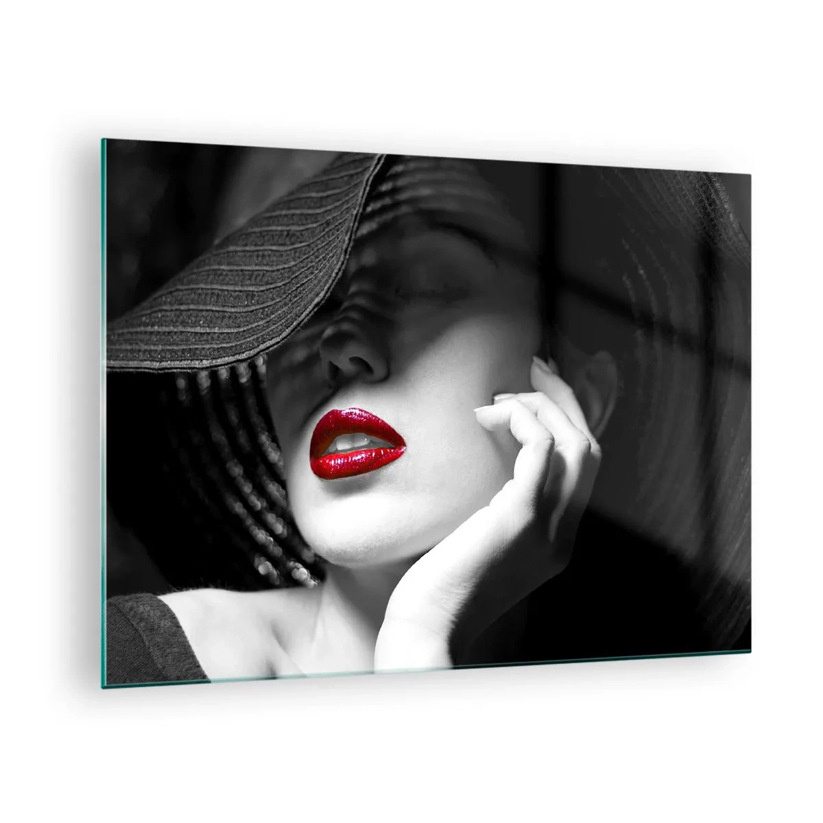 Impression sur verre - Image sur verre - Composition en noir et blanc avec un accent de lèvres rouges - 70x50cm - Étude écarlate - Décoration murale moderne pour le salon et la chambre ARTTOR