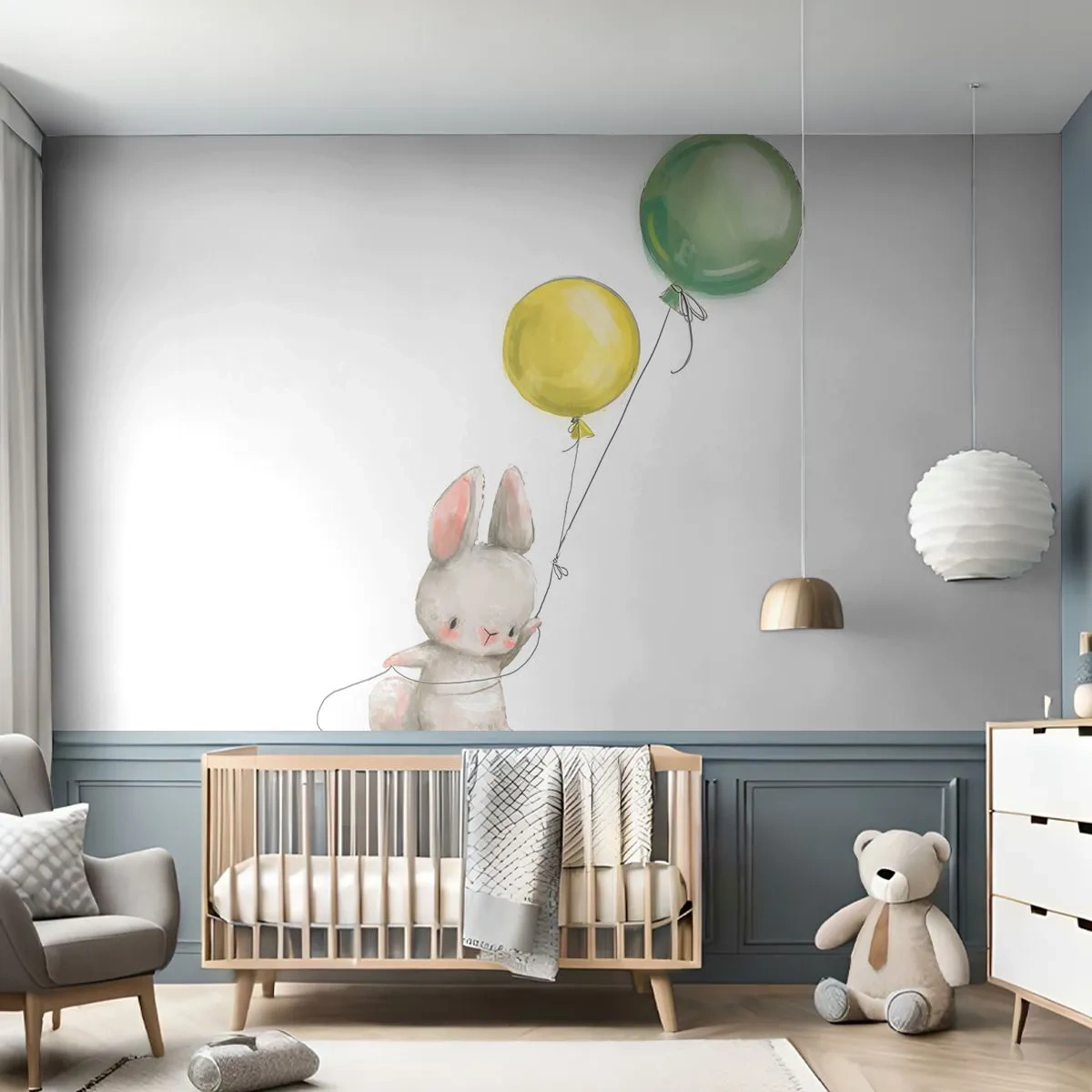 Papier Peint Autocollant Deluxe Sticker - Moi aussi je vole! - Pour les enfants, Lapin, Ballons colorés - 250x175 cm