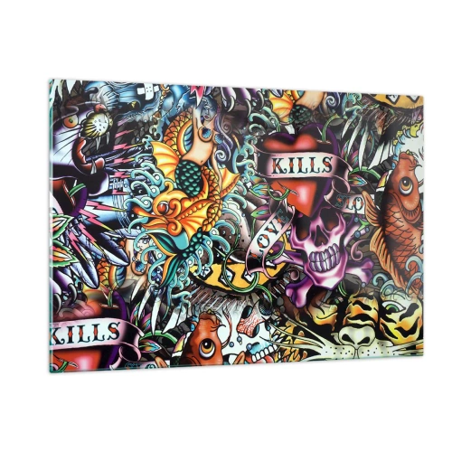 Impression sur verre - Image sur verre - Une composition colorée de motifs inspirés de l'art du tatouage - 120x80cm - Le rêve du tatoueur - Décoration murale moderne pour le salon et la chambre ARTTOR