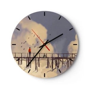 Horloge murale - Pendule murale - Une figure sur un pont avec des oiseaux sur fond de ciel et de nuages - 30x30cm - Bleu nostalgie - Décoration murale moderne pour le salon, la cuisine et la chambre ARTTOR