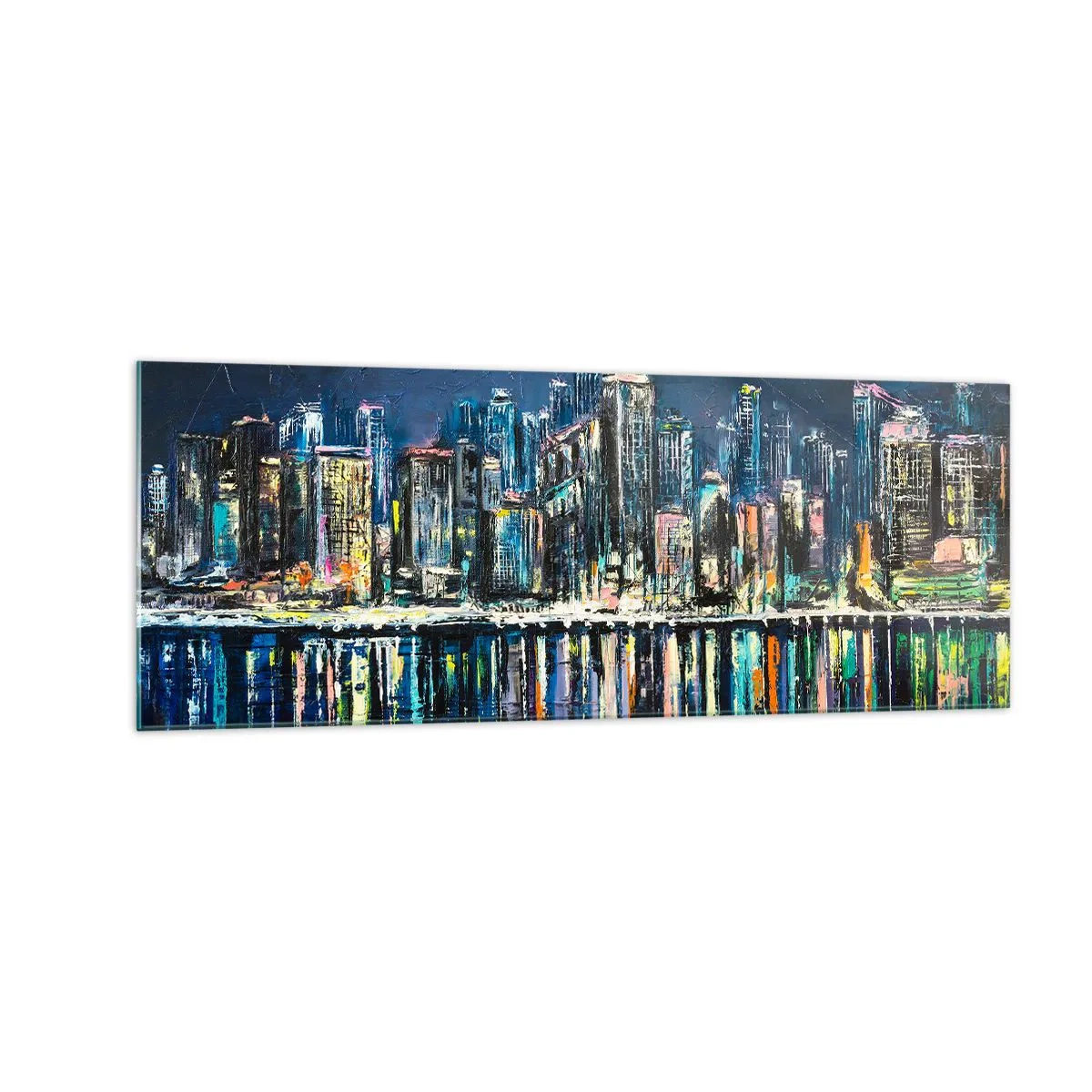 Impression sur verre - Image sur verre - Panorama de la ville nocturne reflétée dans l'eau - 140x50cm - Cascade de lumières - Décoration murale moderne pour le salon et la chambre ARTTOR