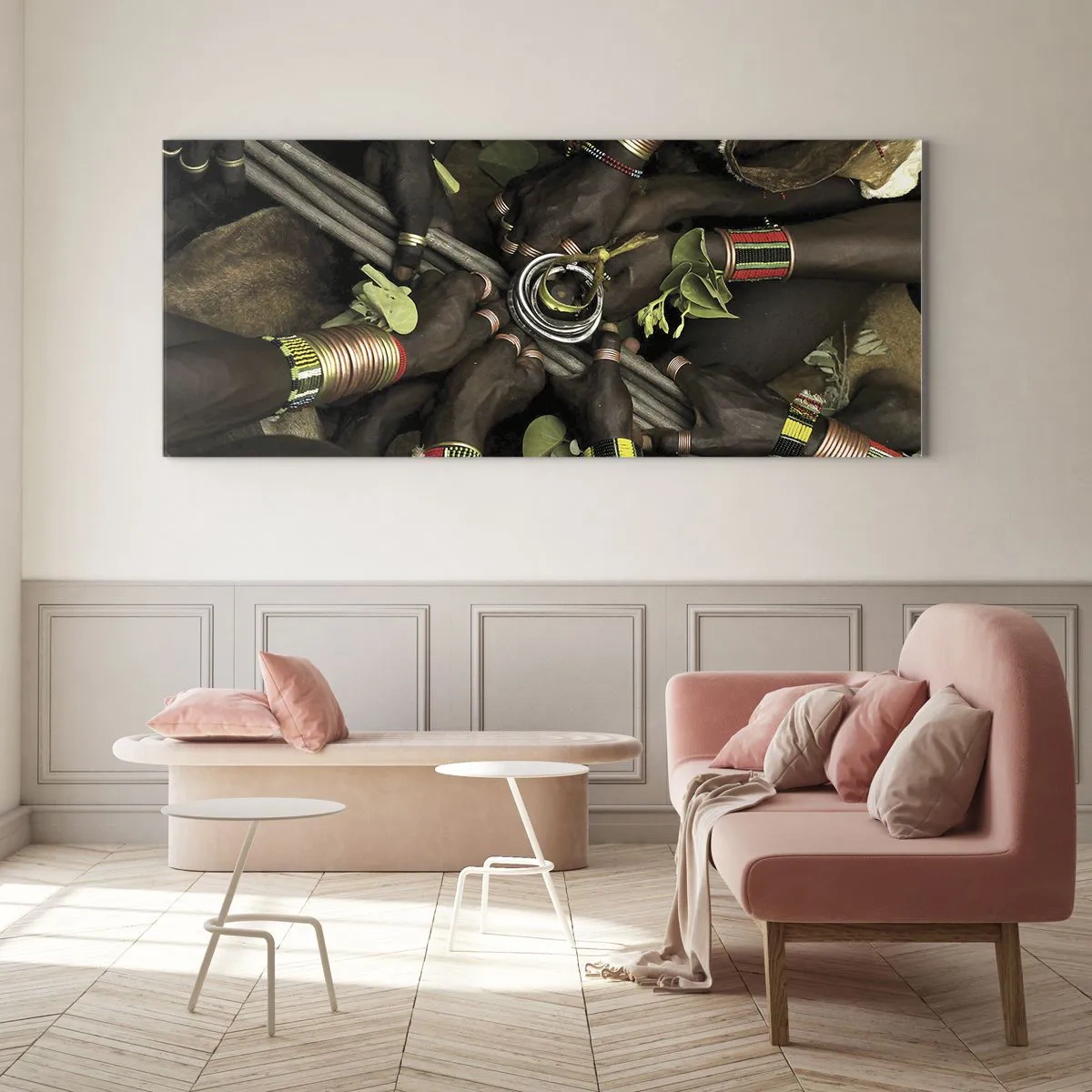 Impression sur verre - Image sur verre - Bracelets de main traditionnels dans un groupe de mains - 120x50cm - Nous sommes ensemble - Décoration murale moderne pour le salon et la chambre ARTTOR