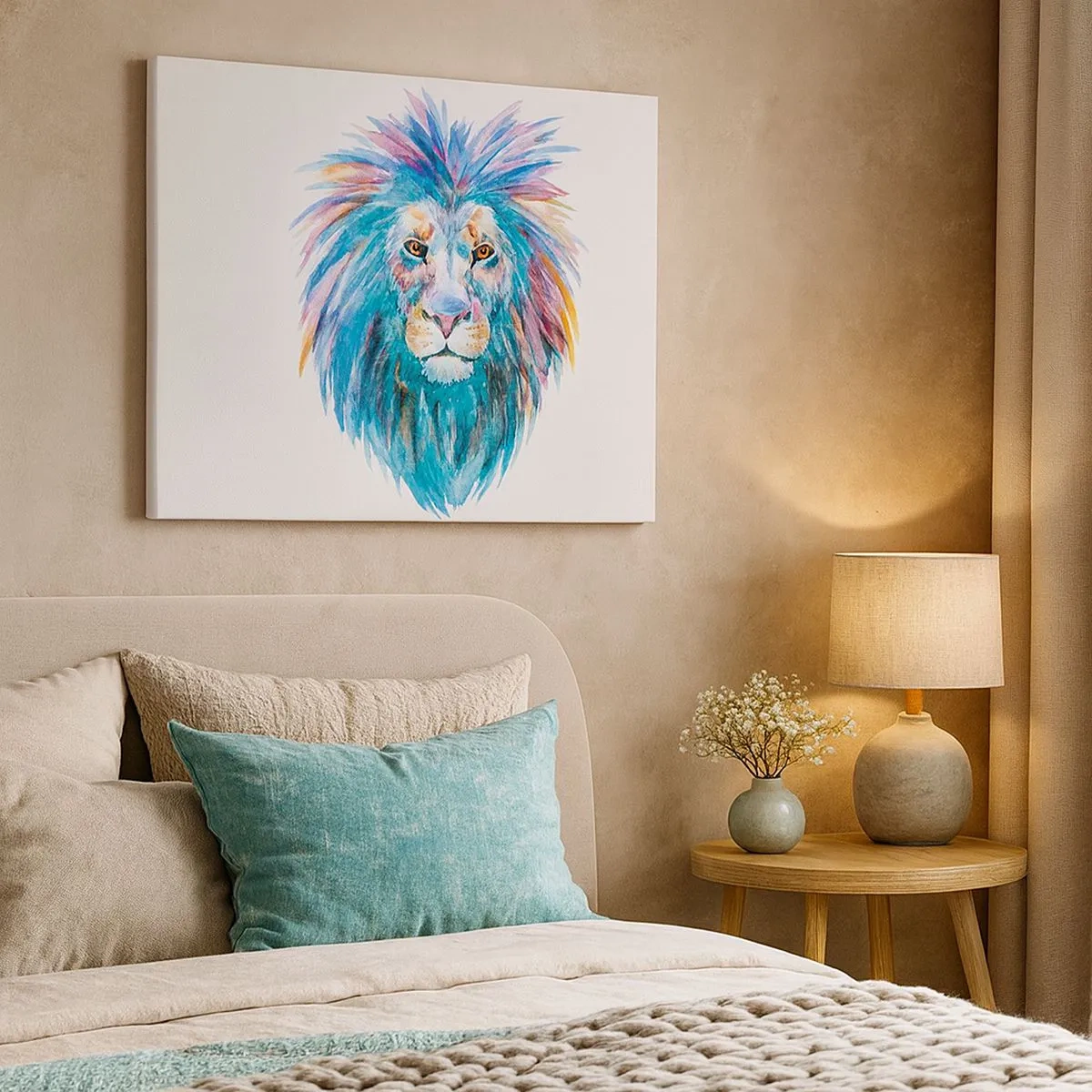 Impression sur toile - Image sur toile - Portrait à l'aquarelle d'un lion aux couleurs vives - 70x50cm - Aura électrique - Décoration murale moderne pour le salon et la chambre ARTTOR