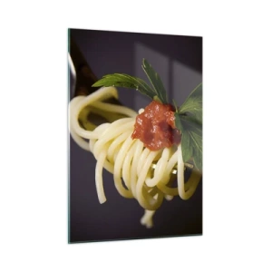 Impression sur verre - Image sur verre - Spaghettis à la fourchette avec sauce tomate - 50x70cm - Une bouchée savoureuse - Décoration murale moderne pour le salon et la chambre ARTTOR