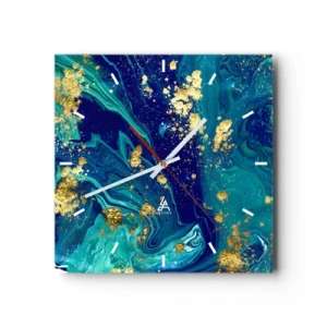 Horloge murale - Pendule murale - Une composition abstraite avec des accents bleus, verts et dorés. - 30x30cm - Les pétales du soleil - Décoration murale moderne pour le salon et la chambre ARTTOR