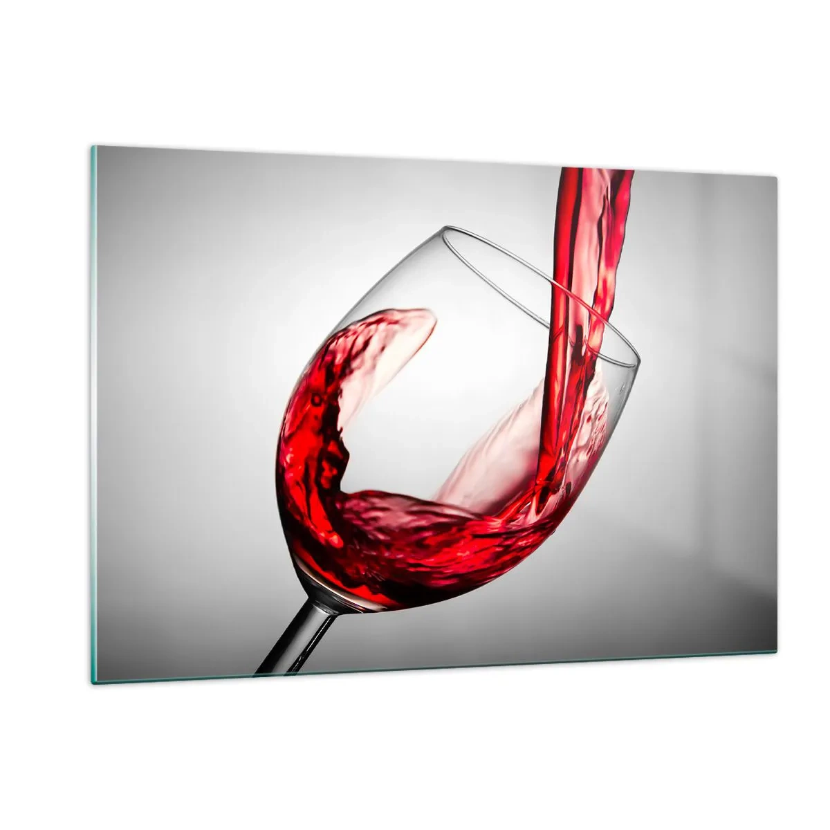 Impression sur verre - Image sur verre - Du vin rouge versé dans un verre sur un fond clair - 120x80cm - Nuance - mouvement - son - Décoration murale moderne pour le salon et la chambre ARTTOR