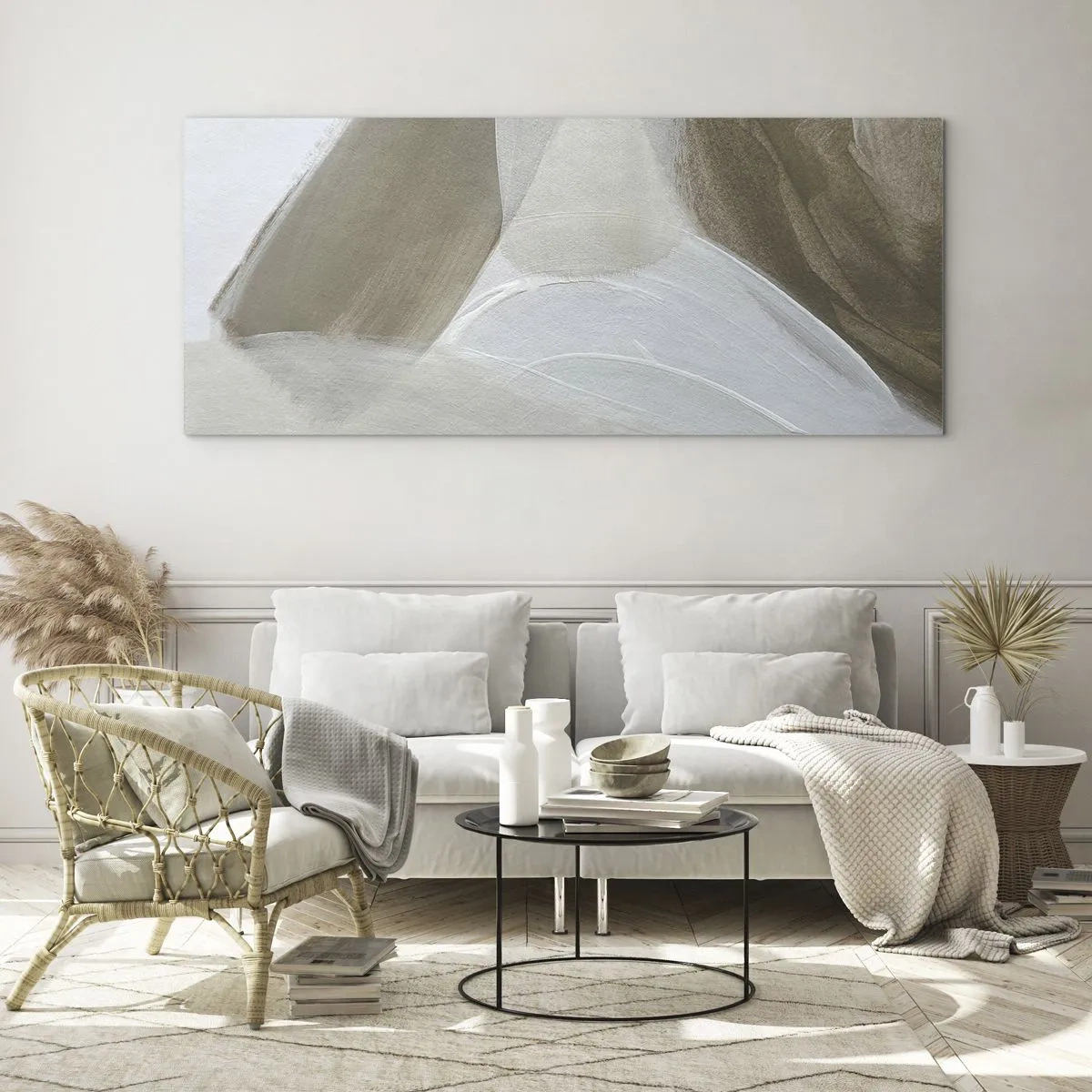 Impression sur verre - Image sur verre - Abstraction délicate dans les tons beige et blanc - 160x50cm - Une vague de blanc - Décoration murale moderne pour le salon et la chambre ARTTOR