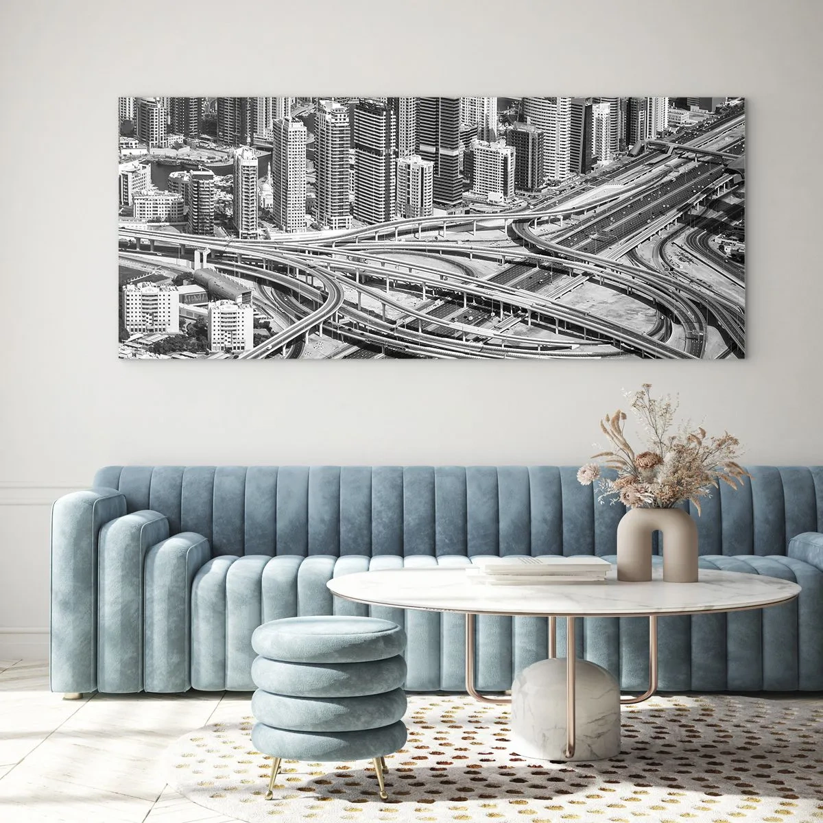 Impression sur verre - Image sur verre - Une vue plongeante sur Dubaï - 120x50cm - Dubaï - la ville impossible - Décoration murale moderne pour le salon et la chambre ARTTOR