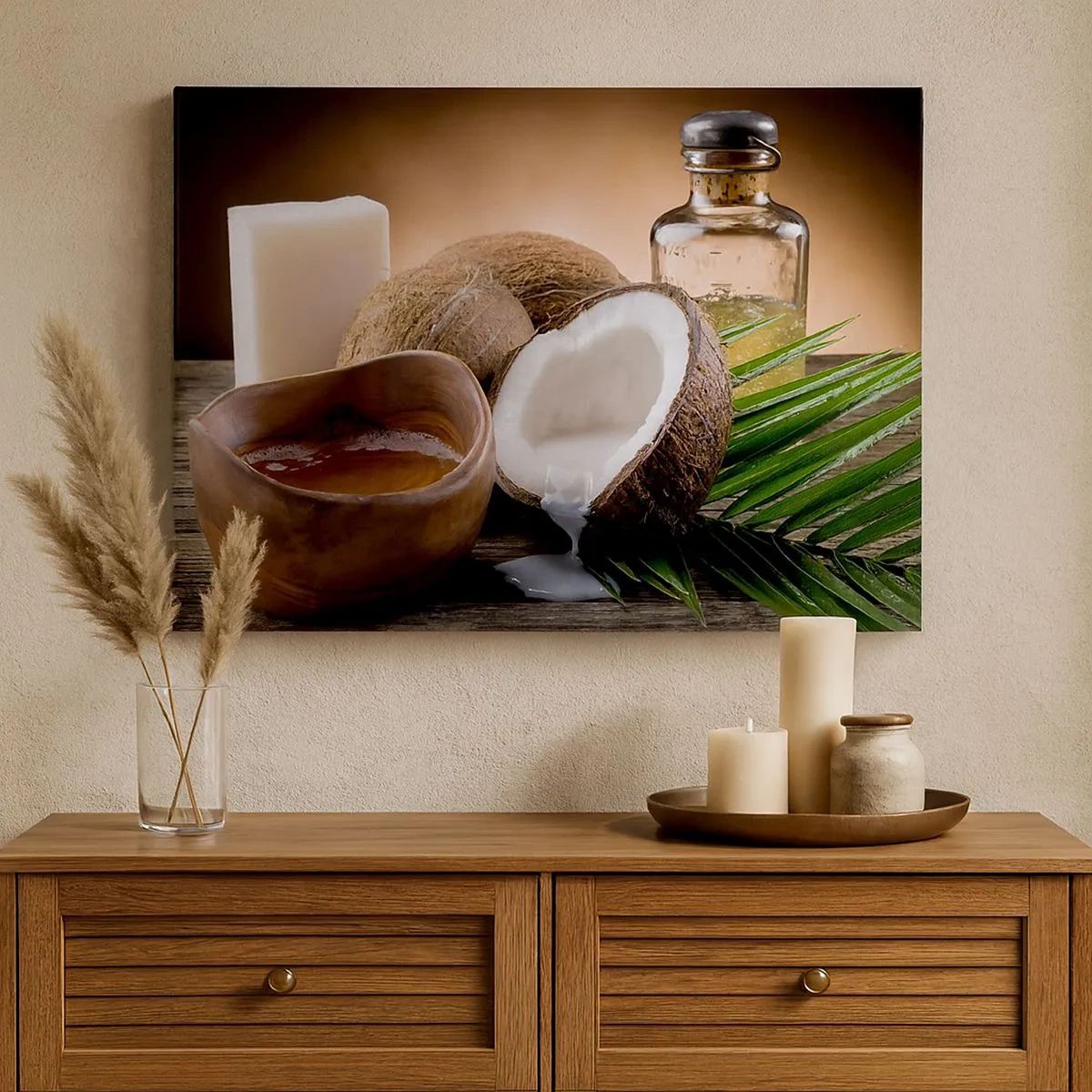 Impression sur toile - Image sur toile - Noix de coco, bougie et huile sur fond de bois - 70x50cm - Santé des îles tropicales - Décoration murale moderne pour le salon et la chambre ARTTOR