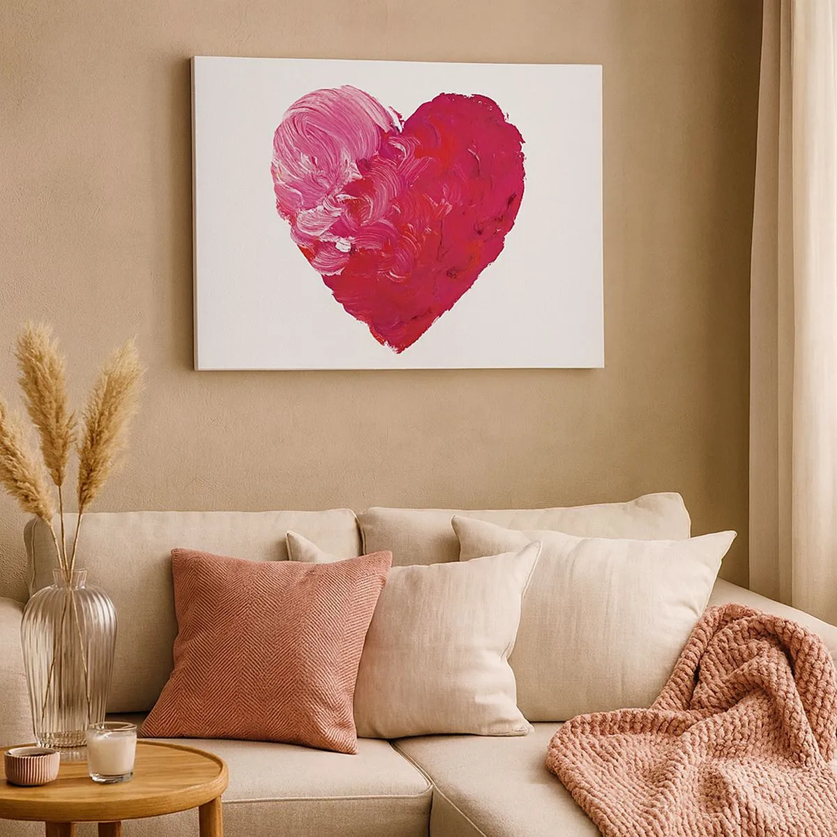 Impression sur toile - Image sur toile - Un cœur rose et rouge peint au pinceau - 70x50cm - All you need is love - Décoration murale moderne pour le salon et la chambre ARTTOR