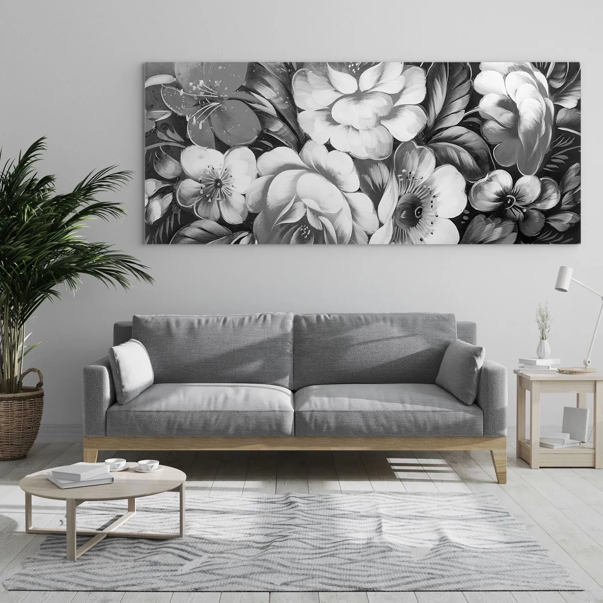 Impression sur verre - Image sur verre - Fleurs noires et blanches dans une composition classique et élégante - 120x50cm - Belle même en gris - Décoration murale moderne pour le salon et la chambre ARTTOR