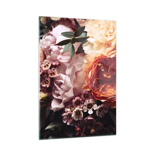 Impression sur verre - Image sur verre - Gros plan d'une composition de roses, d'œillets et de petites fleurs. - 50x70cm - Enveloppé de beauté - Décoration murale moderne pour le salon et la chambre ARTTOR
