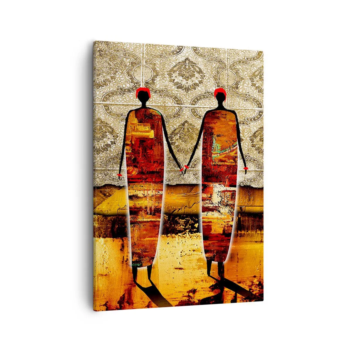 Impression sur toile - Image sur toile - Une paire de figures abstraites sur fond de motifs dorés et d'un paysage. - 50x70cm - Composition ethnique aux couleurs de l'Afrique - Décoration murale moderne pour le salon et la chambre ARTTOR