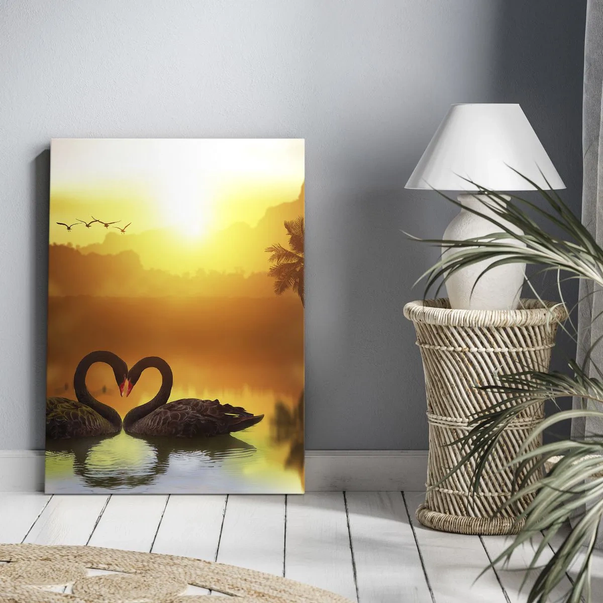 Impression sur toile - Image sur toile - Deux cygnes noirs formant un cœur sur fond de coucher de soleil sur un lac - 70x100cm - Tout va ensemble - Décoration murale moderne pour le salon et la chambre ARTTOR