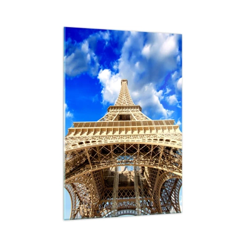 Impression sur verre - Image sur verre - La Tour Eiffel vue d'en bas contre un ciel bleu - 70x100cm - Atteindre le ciel et les nuages - Décoration murale moderne pour le salon et la chambre ARTTOR