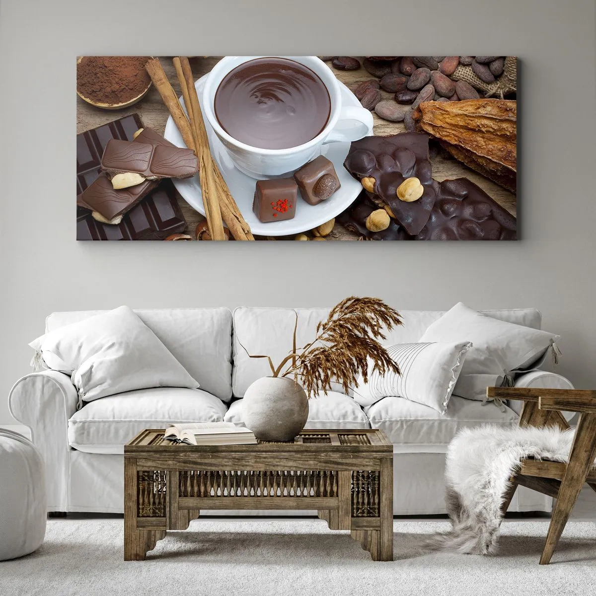 Impression sur toile - Image sur toile - Une tasse de chocolat chaud entourée d'ingrédients de dessert - 160x50cm - D'une chocolaterie de conte de fées - Décoration murale moderne pour le salon et la chambre ARTTOR