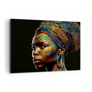 Impression sur toile - Image sur toile - Portrait d'une femme avec un motif coloré et un turban - 100x70cm - reine africaine - Décoration murale moderne pour le salon et la chambre ARTTOR