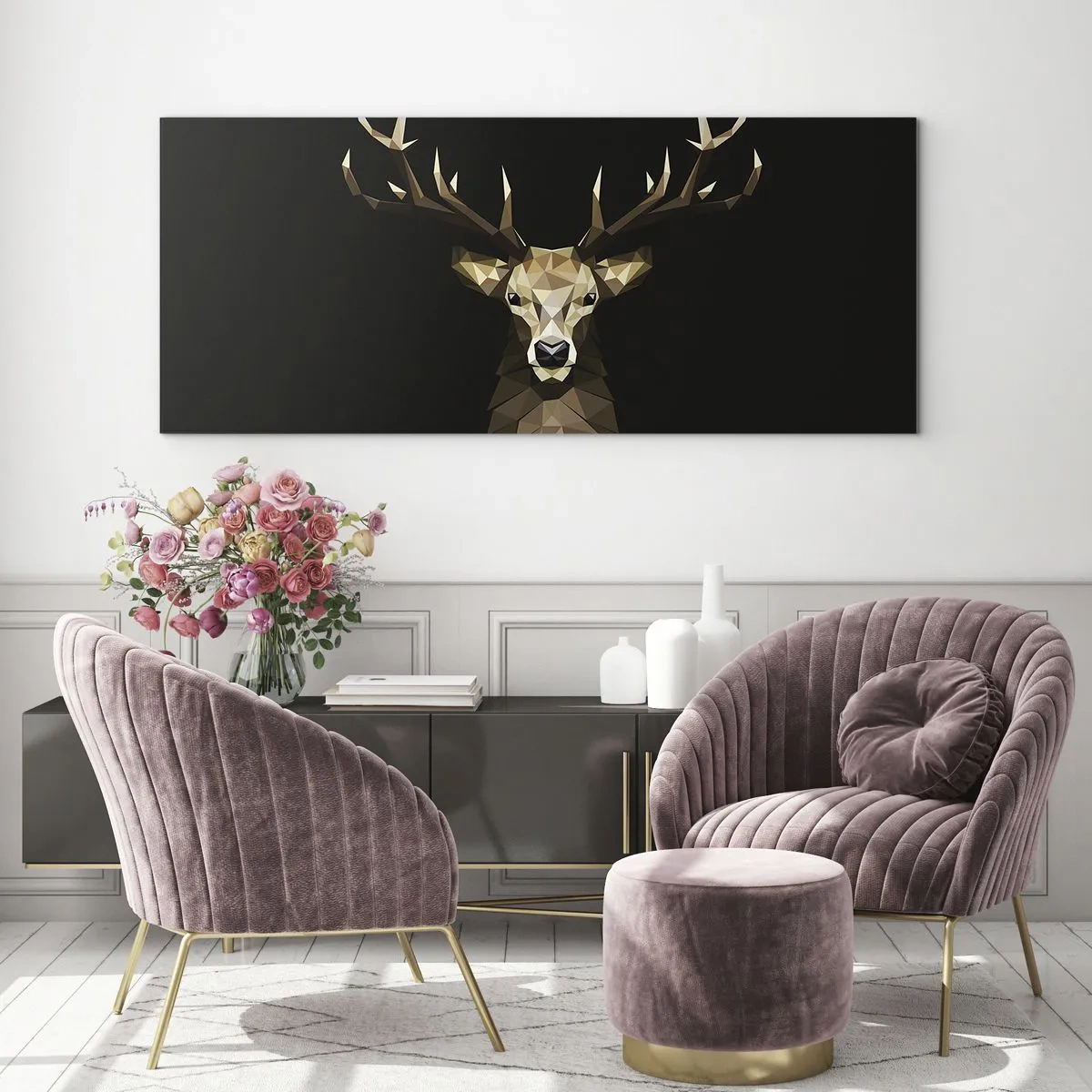 Impression sur verre - Image sur verre - Cerf polygonal géométrique sur fond noir - 120x50cm - Cerf cubique - Décoration murale moderne pour le salon et la chambre ARTTOR