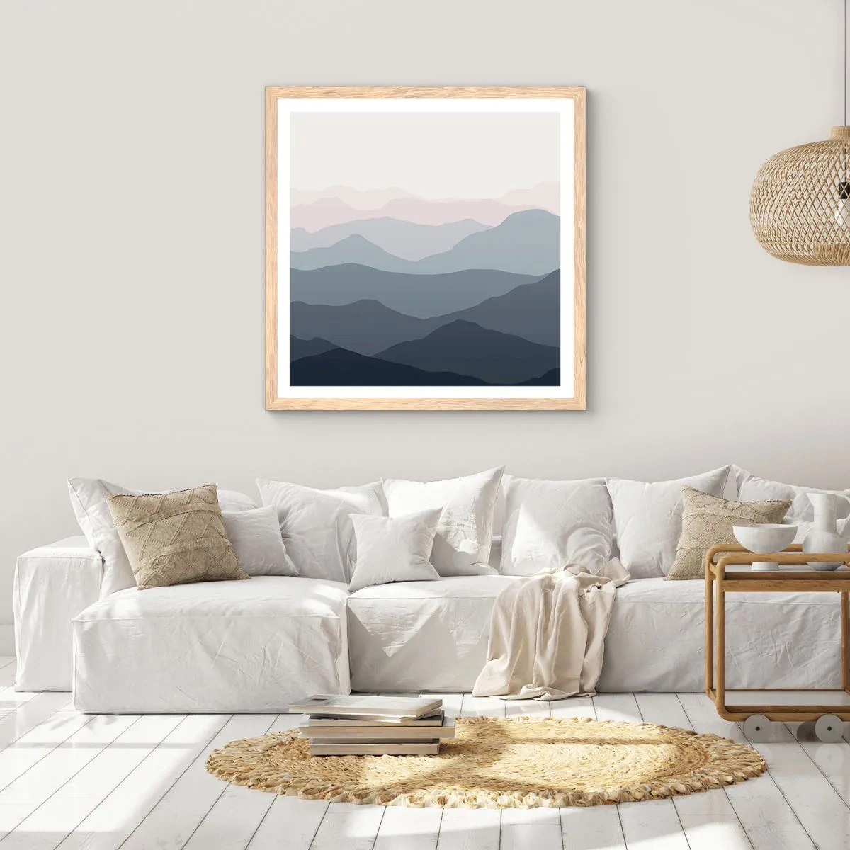 Affiche dans un chêne clair - Poster - Vagues de montagnes - 60x60 cm