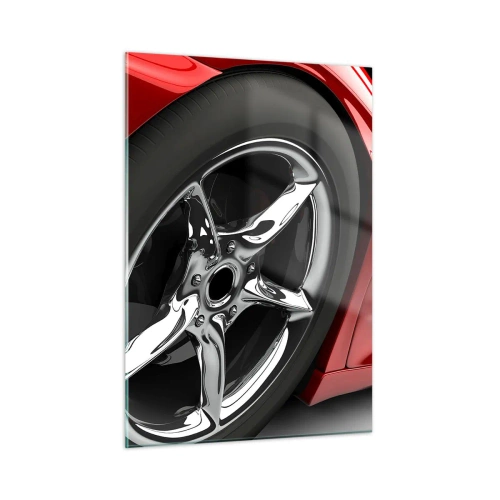 Impression sur verre - Image sur verre - Détail d'une voiture de sport rouge avec une jante chromée - 50x70cm - Conçu pour la vitesse - Décoration murale moderne pour le salon et la chambre ARTTOR